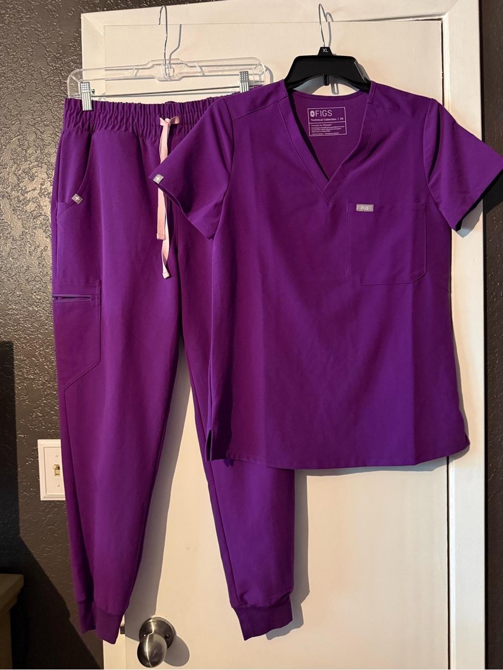Figs Women's Purple V-Neck Scrub Top and Jogger Set with Pink Drawstring